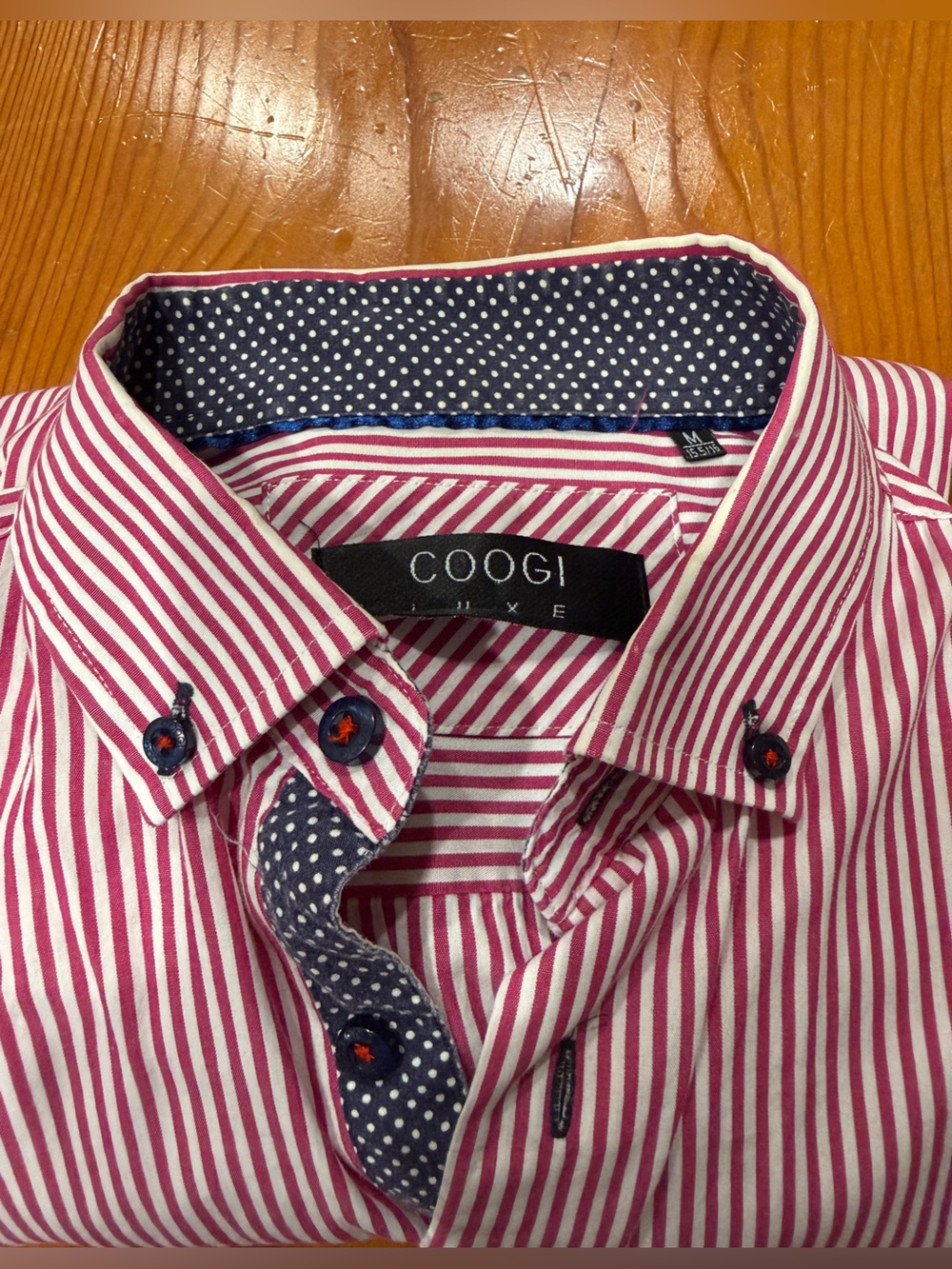 COOGI Men’s Pink and White Striped Dress Shirt with Navy Polka-Dot Trim
